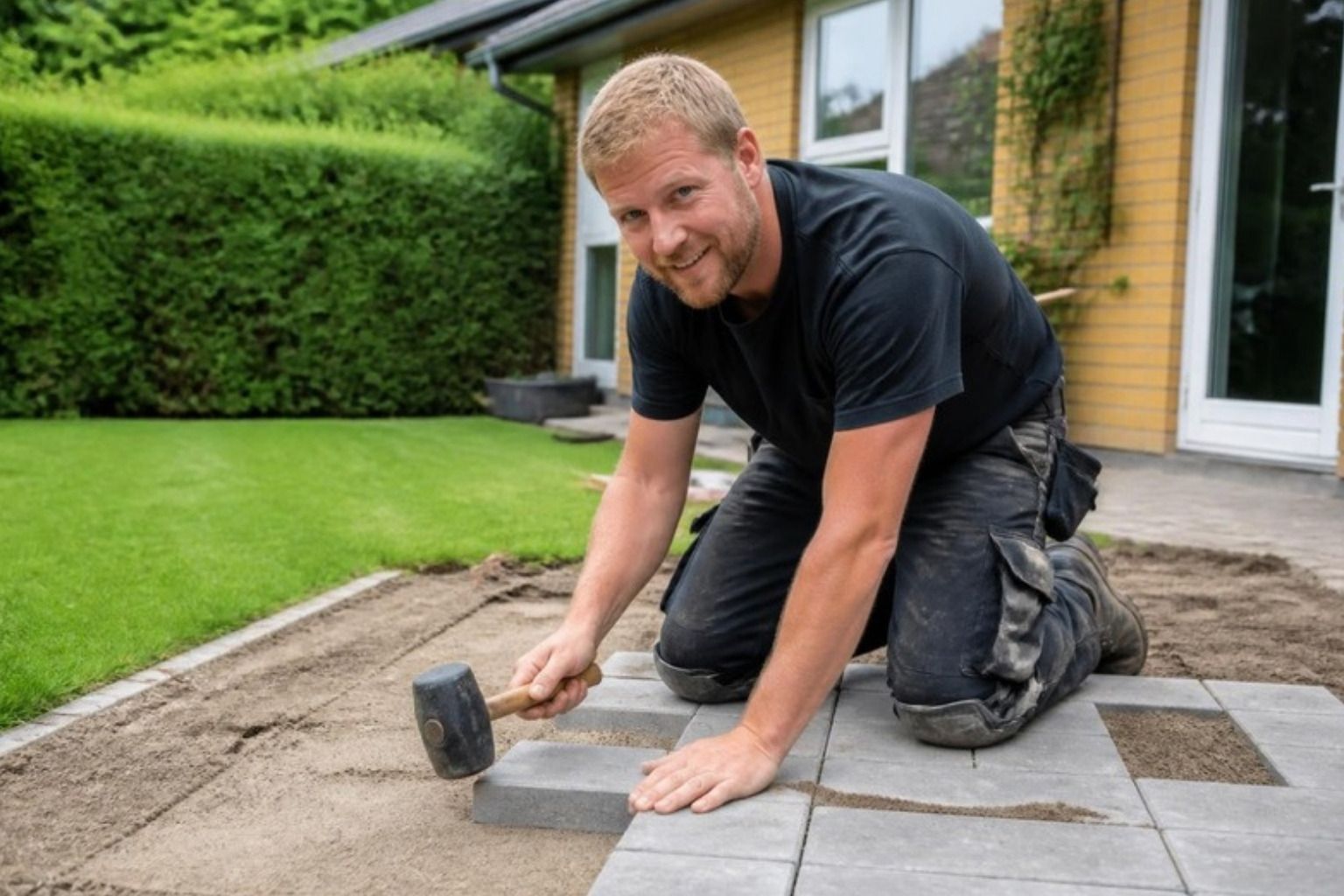 Anlægsgartner på knæ lægger grå betonfliser med en gummihammer i en have