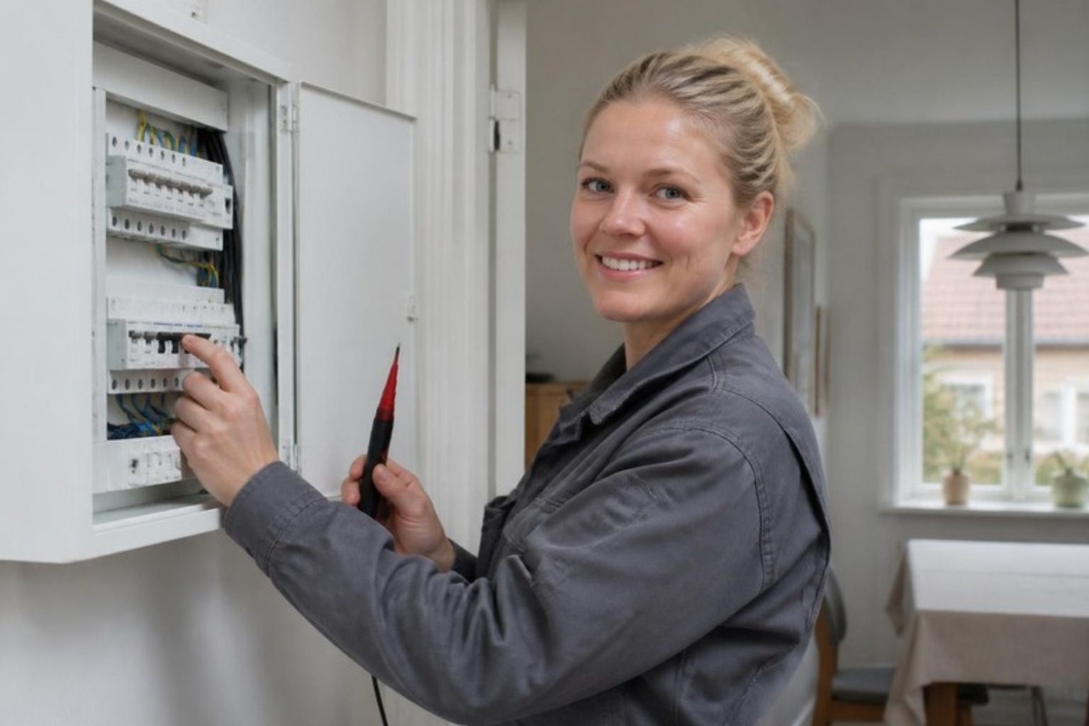 Elektriker i grå arbejdstøj tester en åben eltavle med en spændingstester i et bryggers