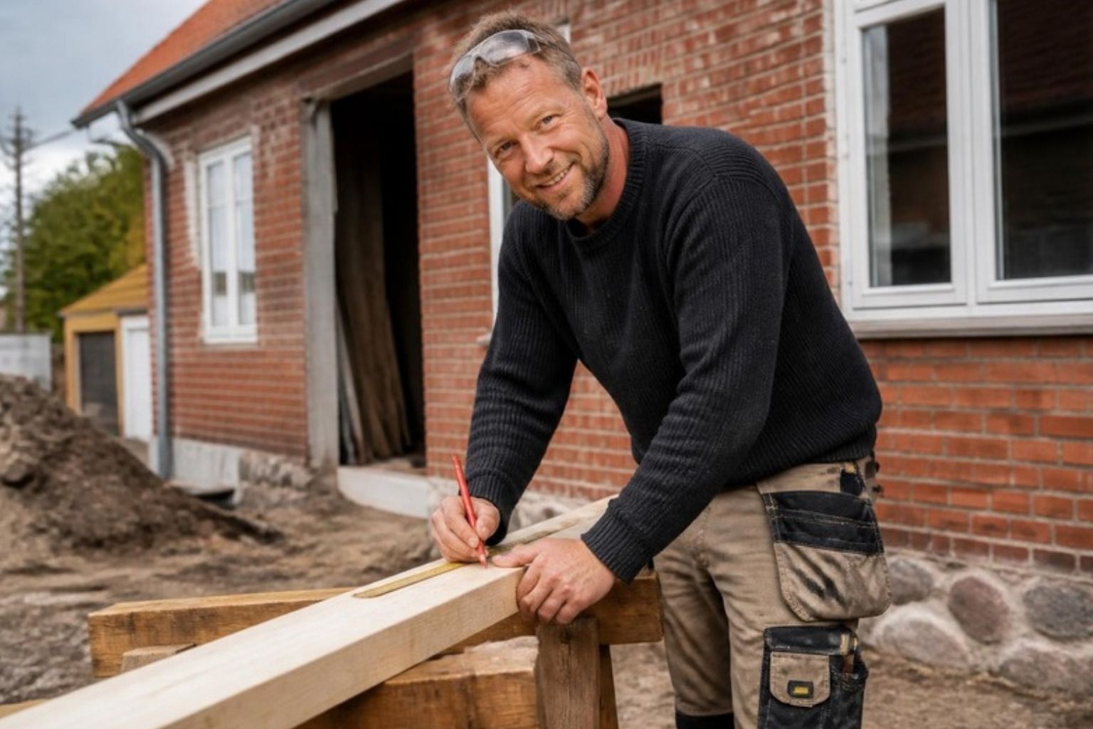 Smilende tømrer med værktøjsbælte mærker en træbjælke på bukke foran et rødt murstenshus under renovering