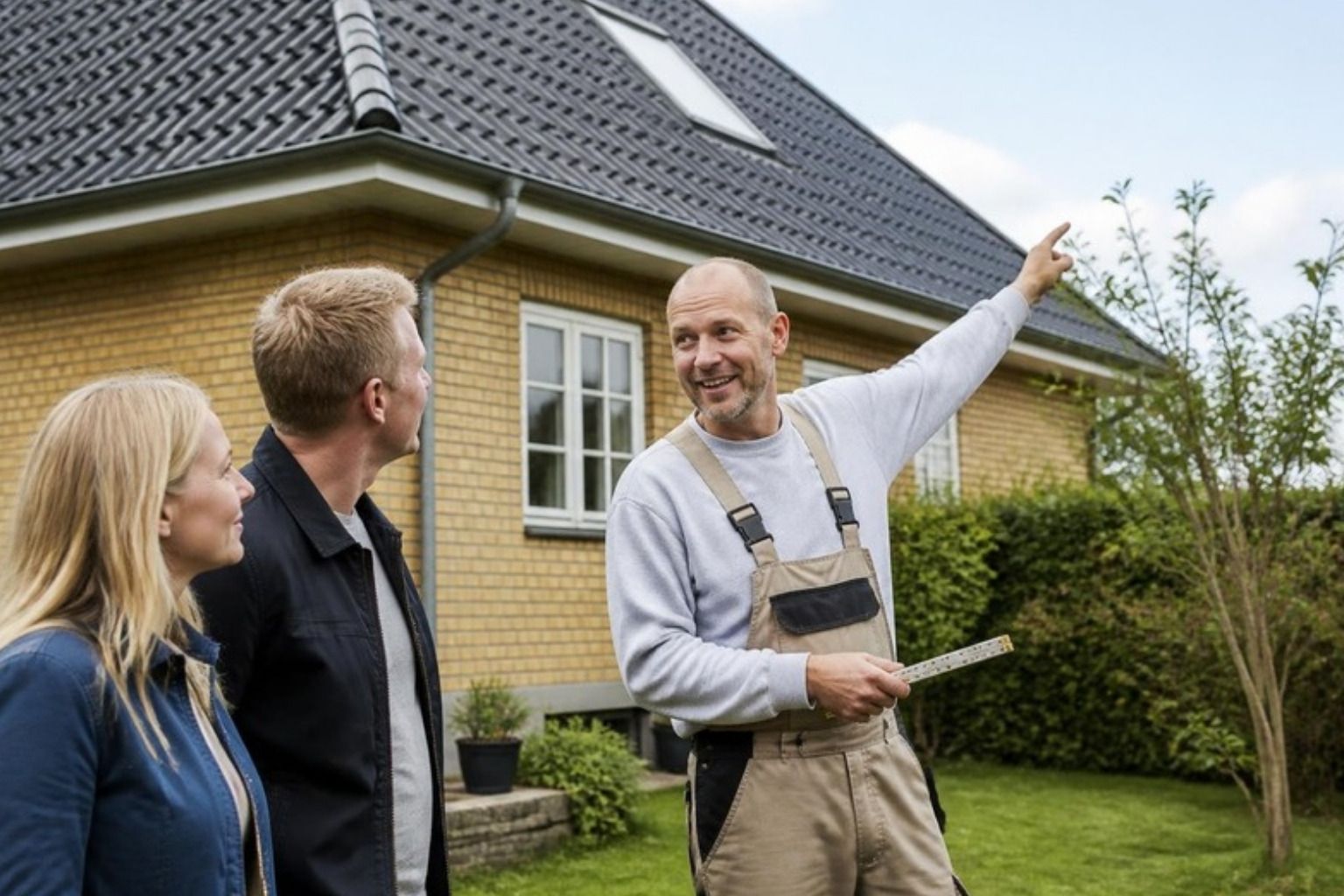 Smilende håndværker med tommestok peger op mod taget, mens et par husejere lytter i haven foran et gult murstenshus